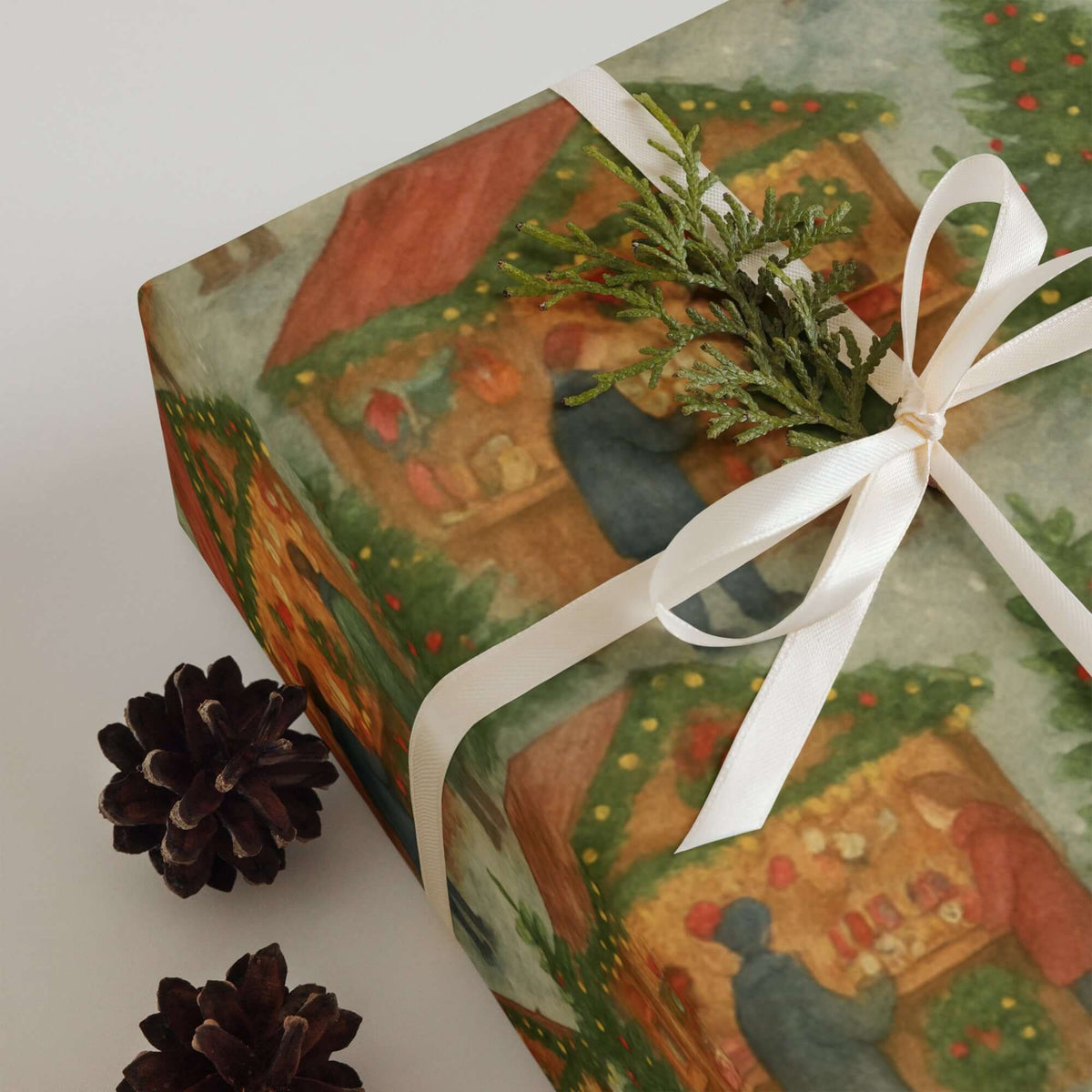 Christmas Market Wrapping Paper featuring festive market stalls with shoppers, pinecones, and greenery decoration.