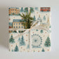 Luxury Christmas wrapping paper featuring London landmarks in a watercolor design, elegantly styled with greenery.