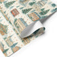 Luxury Christmas wrapping paper featuring London landmarks in watercolor design, adorned with trees and festive details.