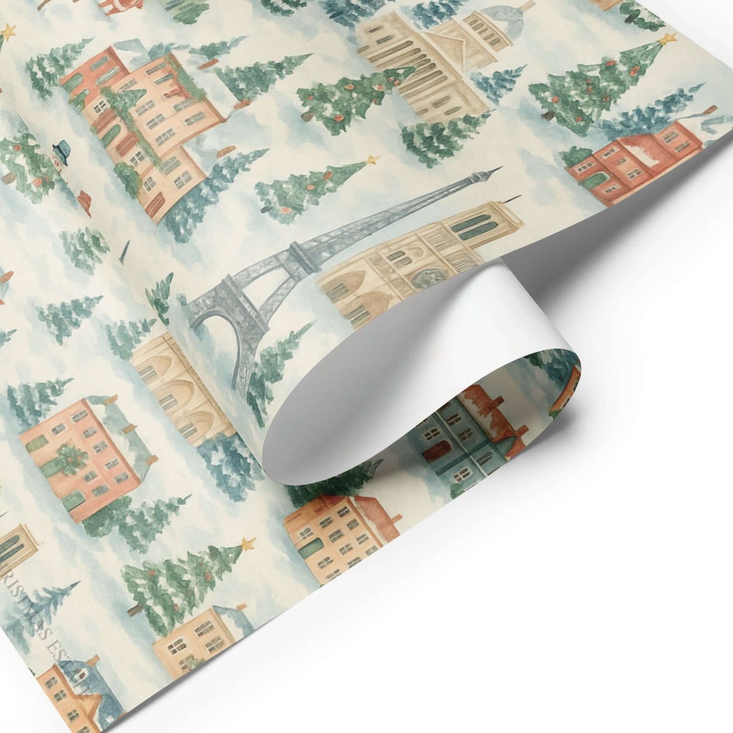 Luxurious Christmas wrapping paper featuring watercolor Parisian landmarks, snowy trees, and festive holiday charm.