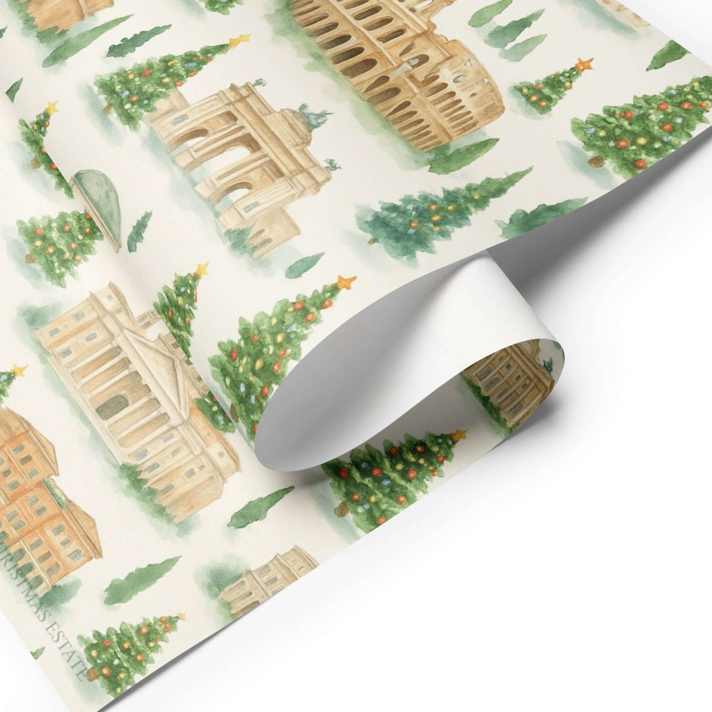Luxury Christmas wrapping paper featuring watercolor illustrations of Rome’s iconic landmarks and festive trees.