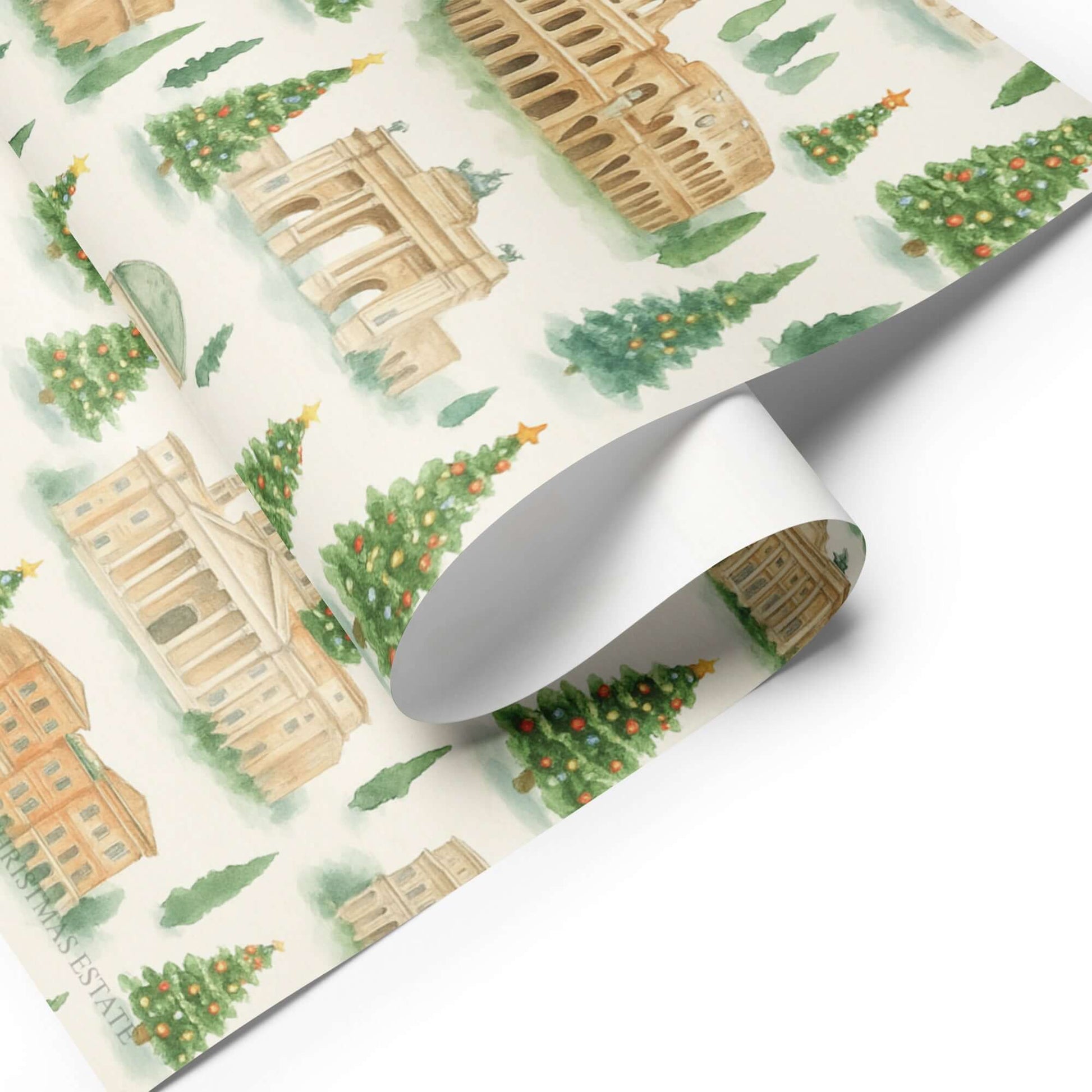 Luxury Christmas wrapping paper featuring watercolor illustrations of Rome’s iconic landmarks and festive trees.