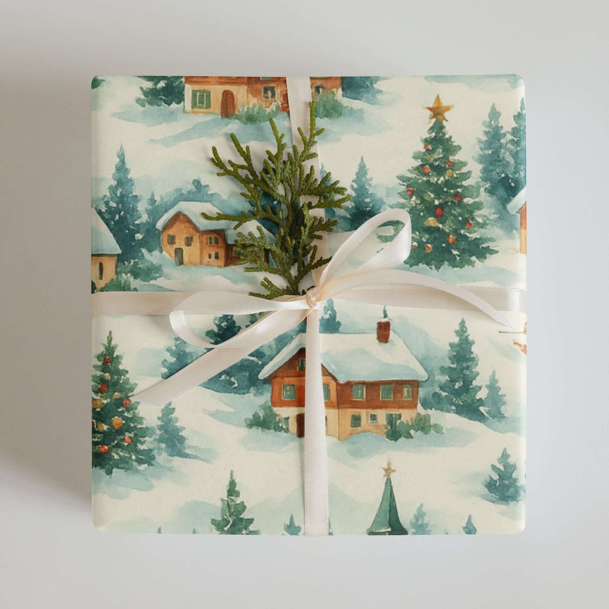Luxury Christmas wrapping paper featuring Swiss chalets and snow-covered trees in a festive watercolor design.