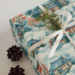 Luxury Christmas wrapping paper featuring watercolor Japanese landscape design, adorned with festive greenery.