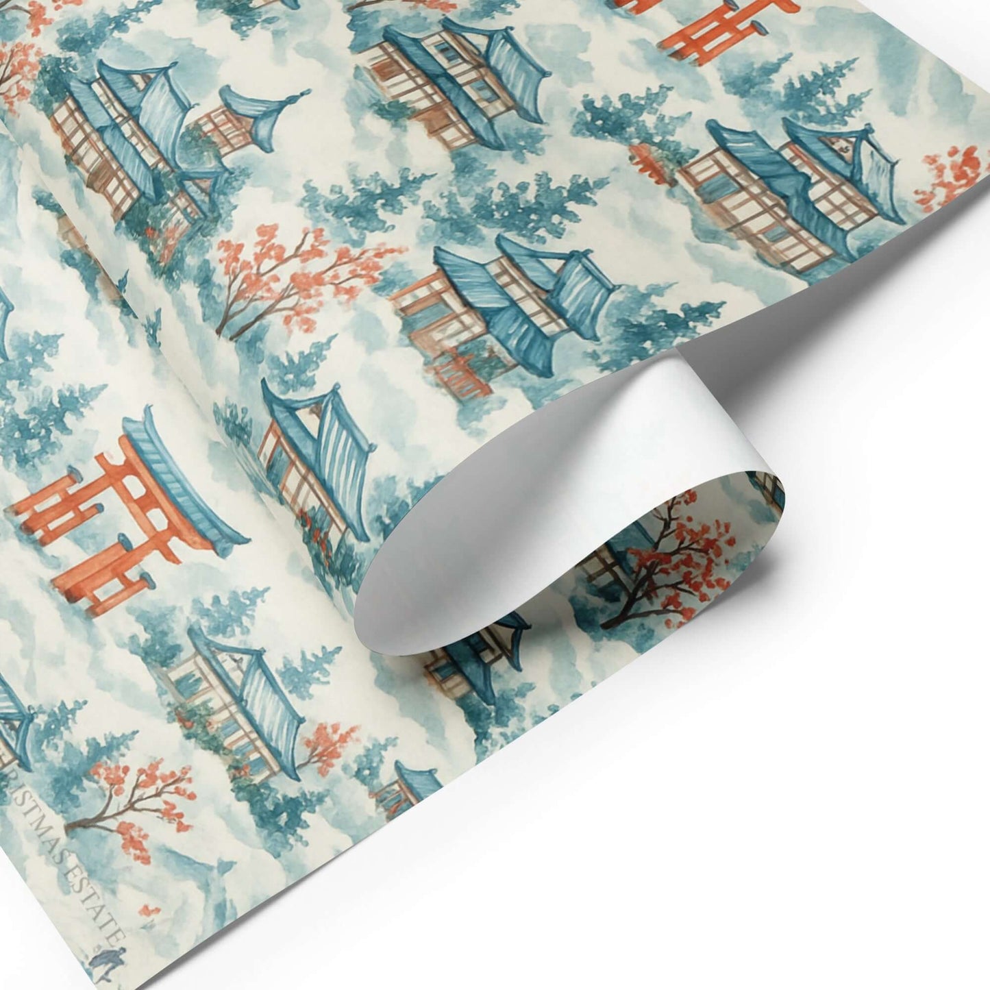 Luxury Christmas wrapping paper featuring a watercolor design of Japanese temples and Torii gates, inspired by a snowy landscape.