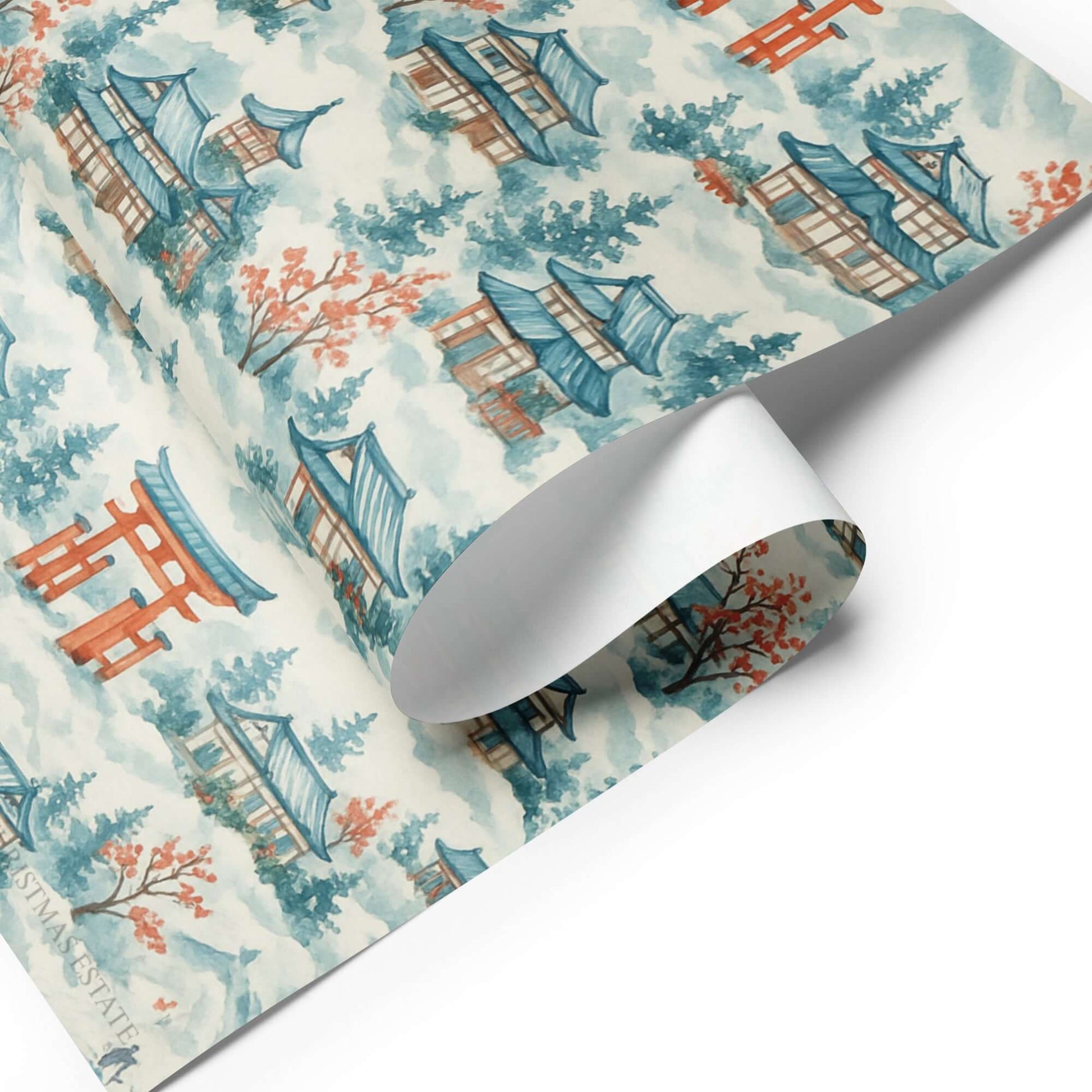 Luxury Christmas wrapping paper featuring a watercolor design of Japanese temples and Torii gates, inspired by a snowy landscape.