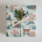 Luxury Christmas wrapping paper featuring a watercolor design of Japanese architecture and snowy landscapes.