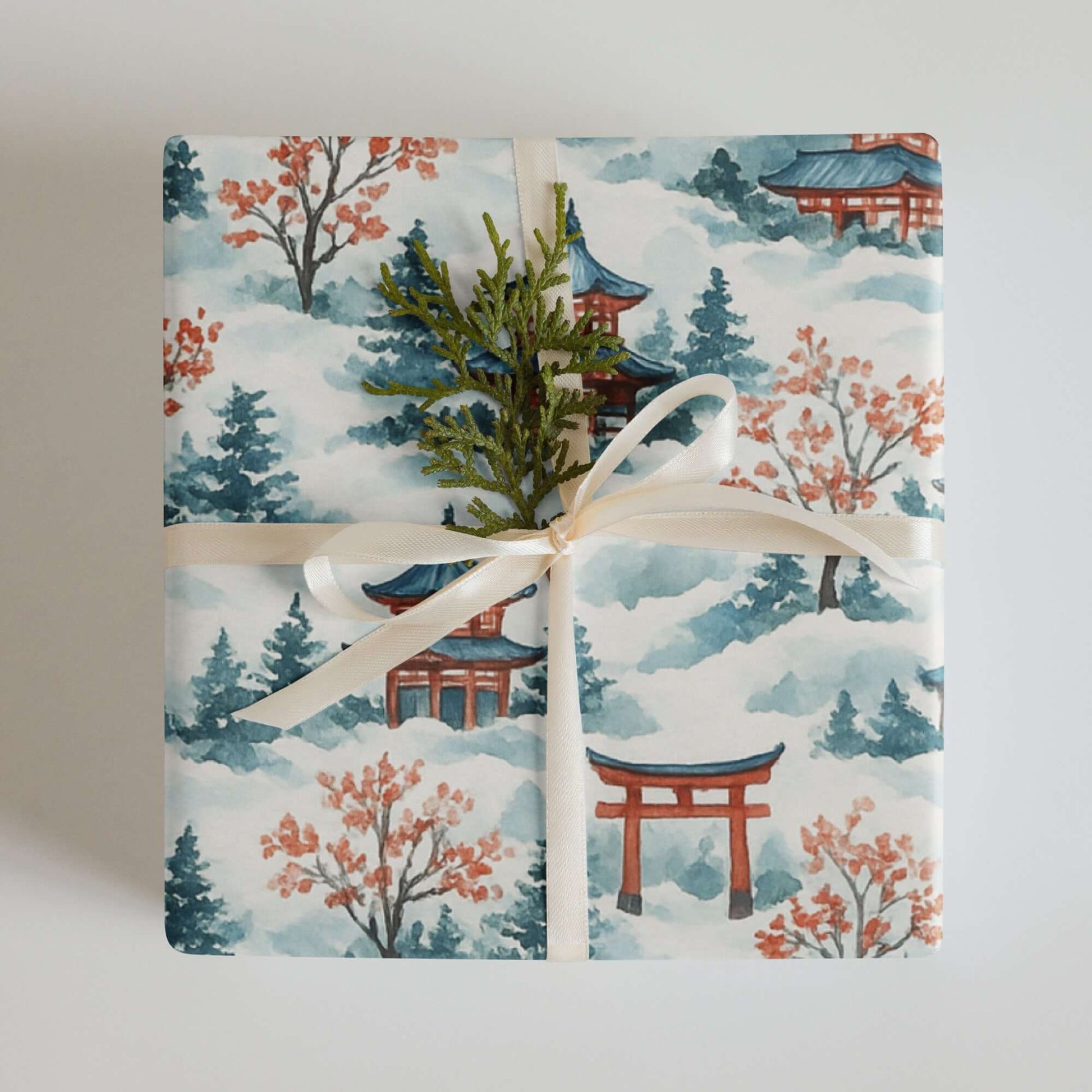 Luxury Christmas wrapping paper featuring a watercolor design of Japanese architecture and snowy landscapes.