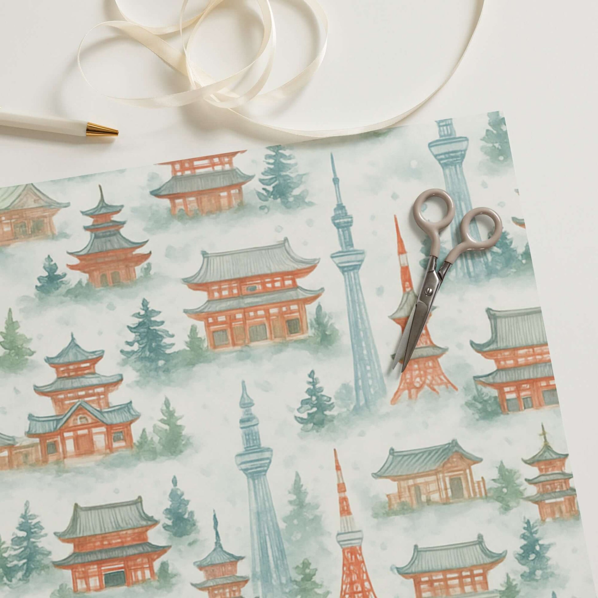 Luxury Christmas wrapping paper featuring watercolor Tokyo landmarks and trees, styled with scissors and ribbon.