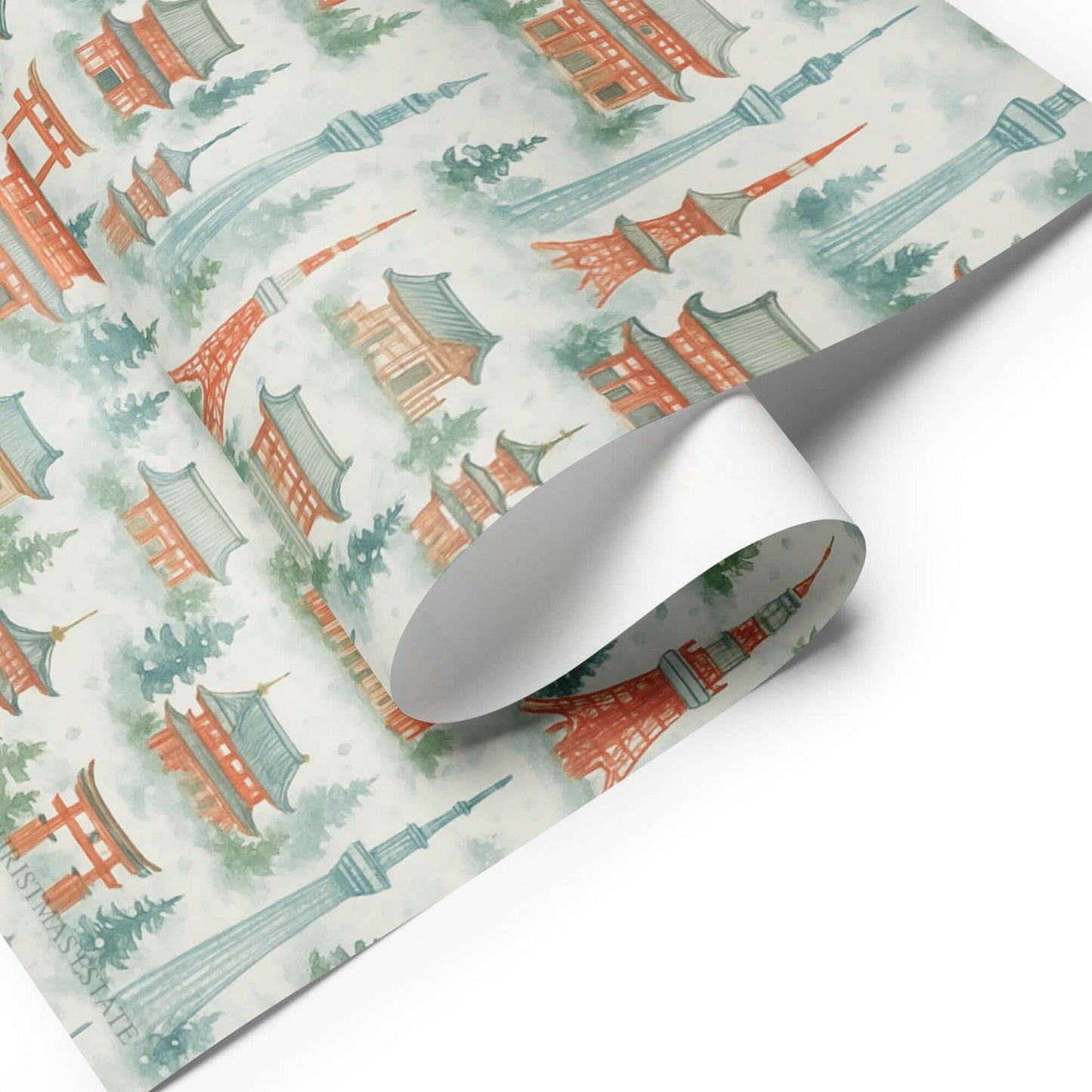 Luxury Christmas wrapping paper featuring watercolor Tokyo landmarks in a festive design.