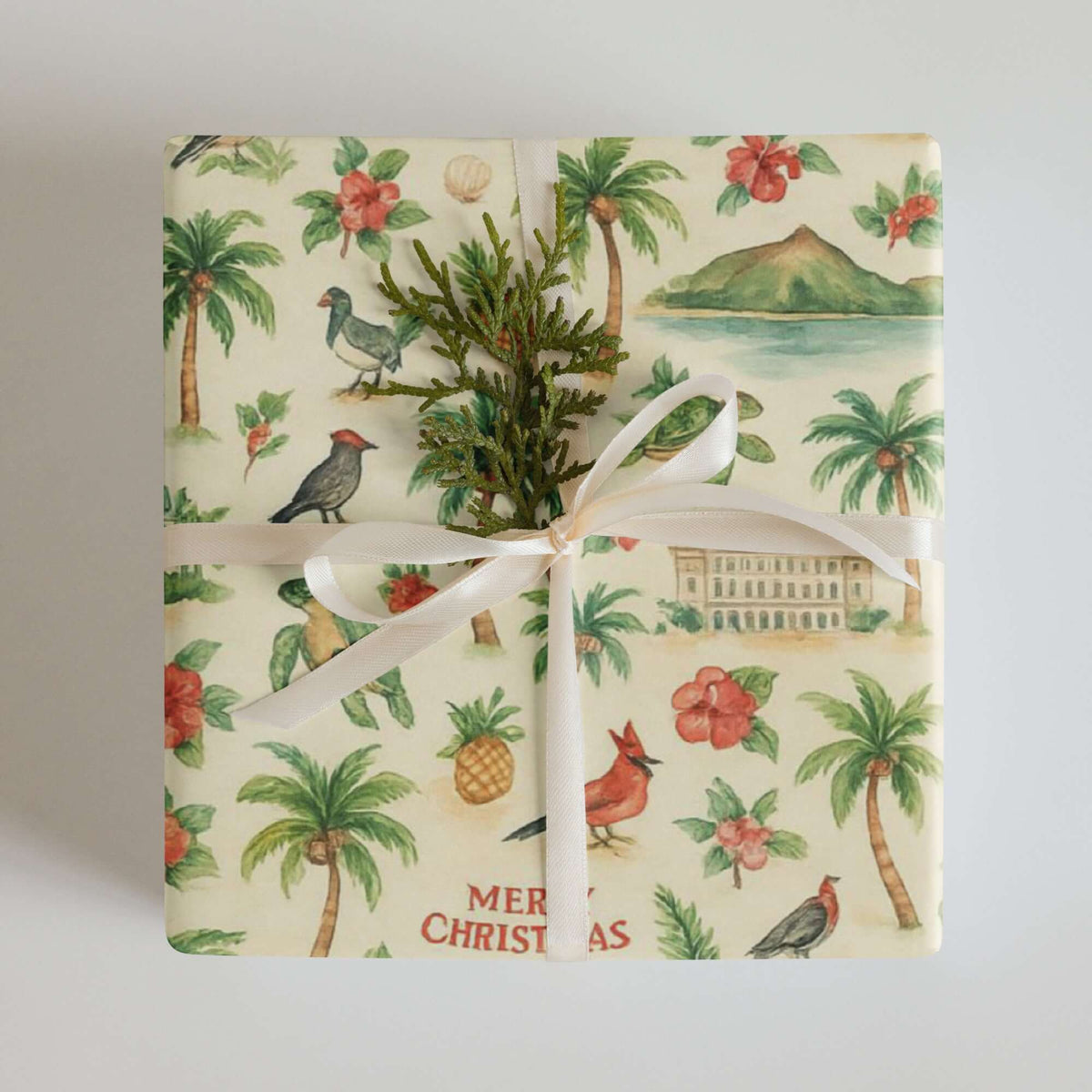 Hawaii Christmas wrapping paper with watercolor tropical design, featuring palm trees and festive decor for luxury holiday gift wrap.