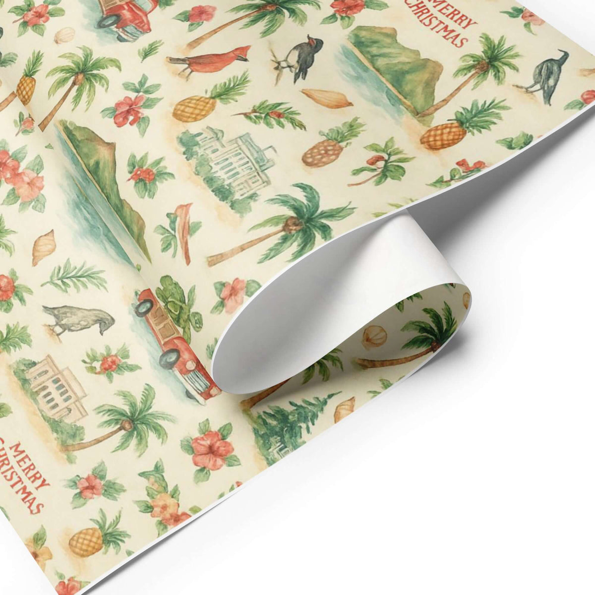 Luxury Hawaii Christmas wrapping paper with watercolor tropical designs, including pineapples, hibiscus, and festive decorations.