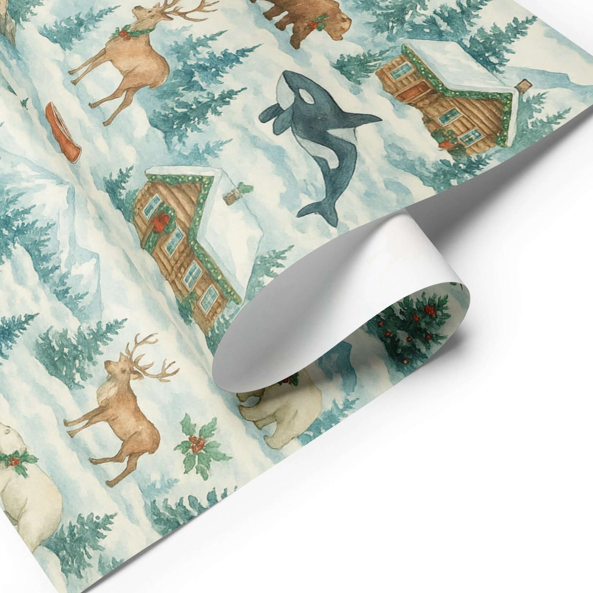 Luxury Christmas wrapping paper featuring watercolor wildlife and snowy Alaskan landscape designs.