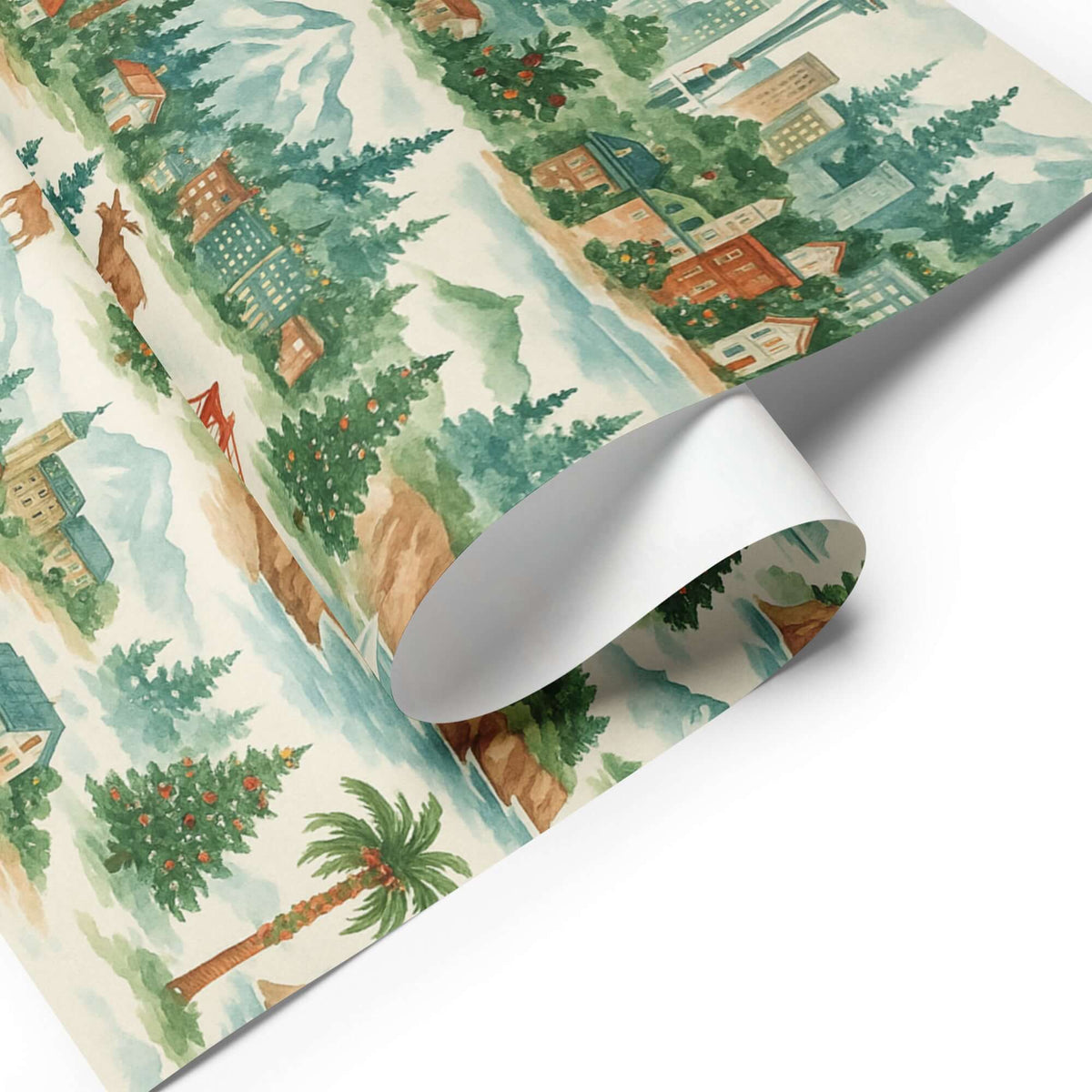 Luxury Christmas wrapping paper featuring watercolor scenes of Pacific West Coast towns and nature.
