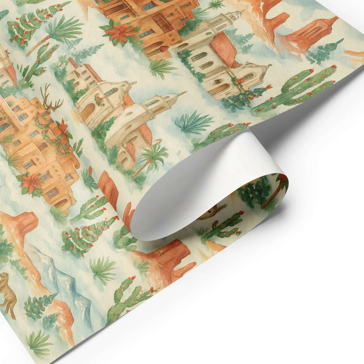 Luxury Christmas wrapping paper featuring watercolor desert scenes and festive Santa Fe buildings.