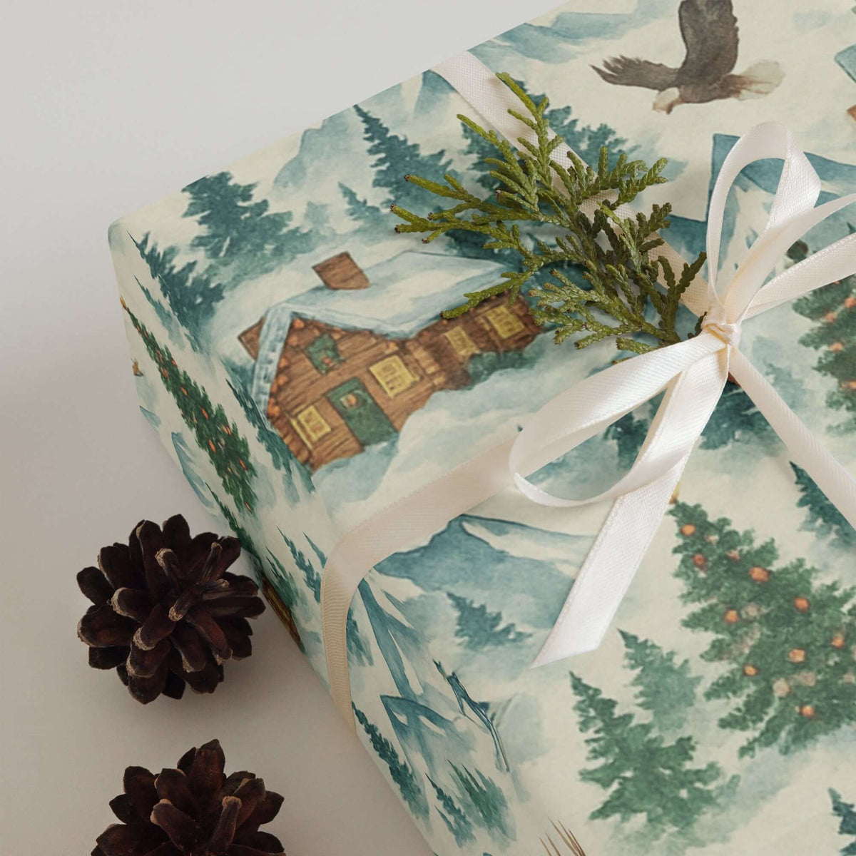Luxury Christmas wrapping paper features watercolor rustic cabin design with greenery, snowcapped mountains, and festive accents.