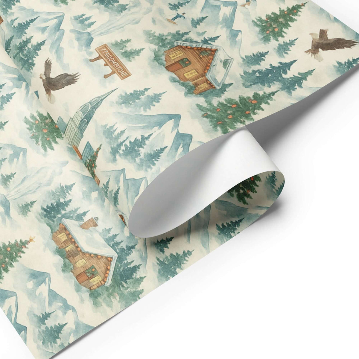 Watercolor Christmas wrapping paper featuring snowy mountains, rustic cabins, and wildlife, ideal for luxury holiday gift wrap.