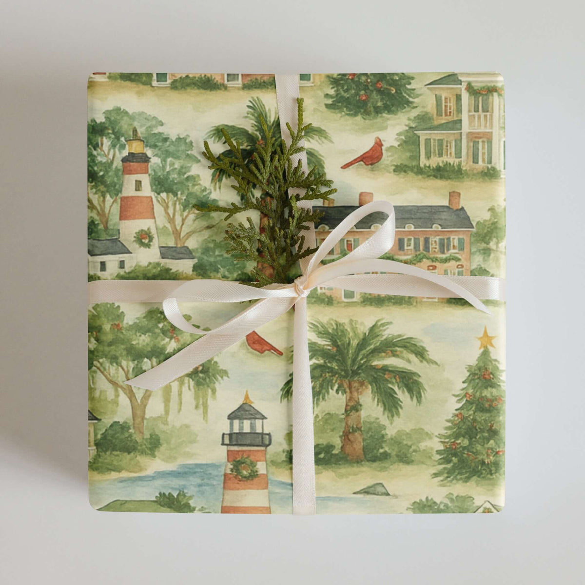 Luxury Christmas wrapping paper featuring watercolor Southern holiday scenes and festive decorations.