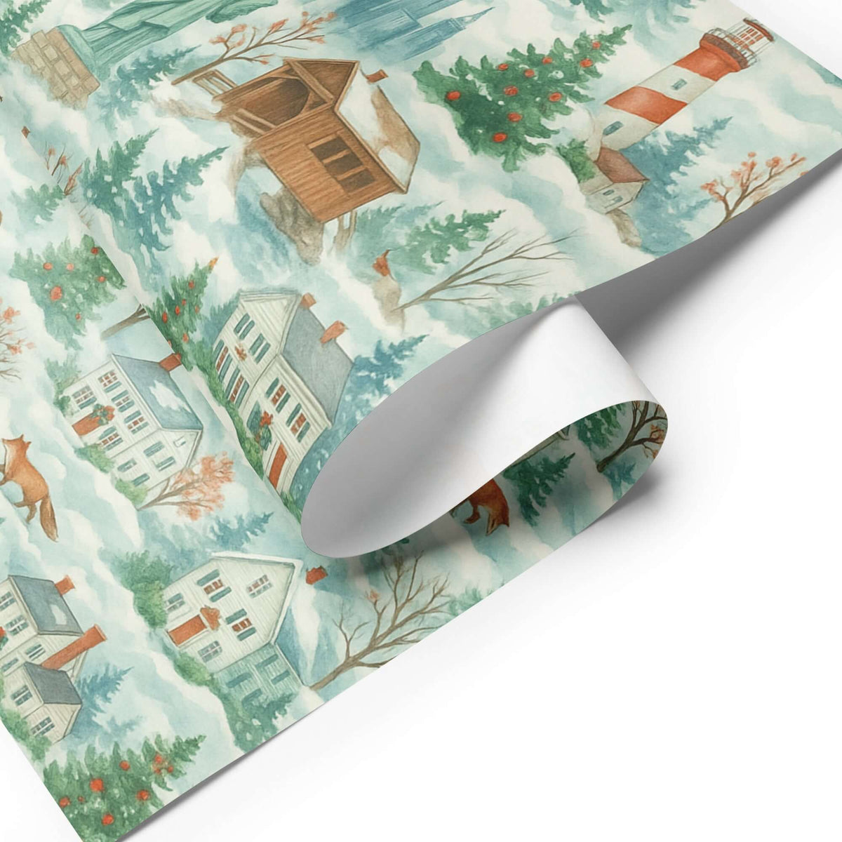 Luxury Christmas wrapping paper featuring watercolor design of snowy New England houses and lighthouses.