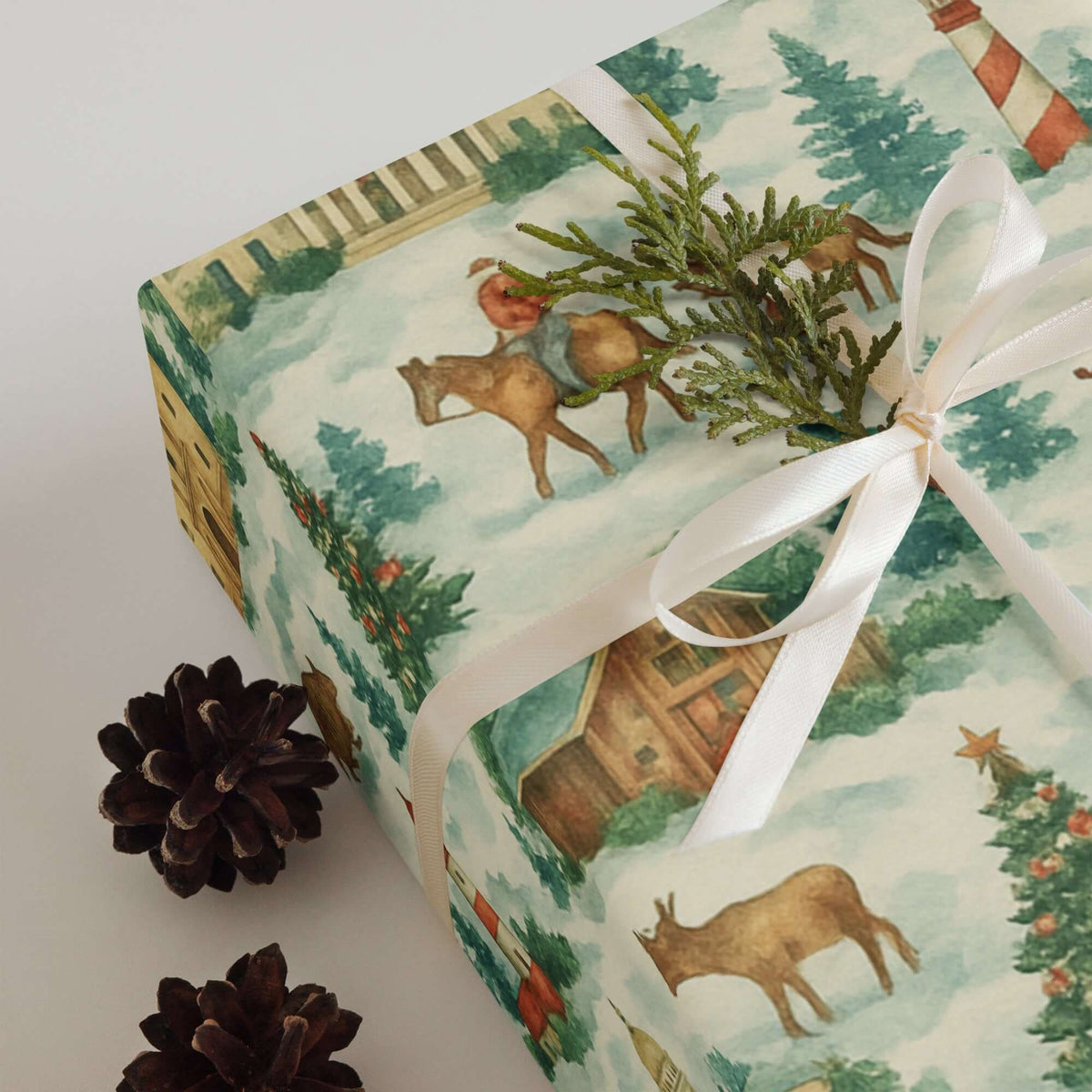 Luxury Christmas wrapping paper in watercolor style featuring festive motifs, pine cones, and delicate ribbon.