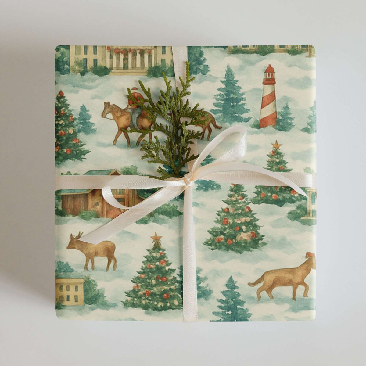 Luxury Christmas wrapping paper featuring watercolor design of snowy landscape, trees, and deer, adorned with ribbon and greenery.