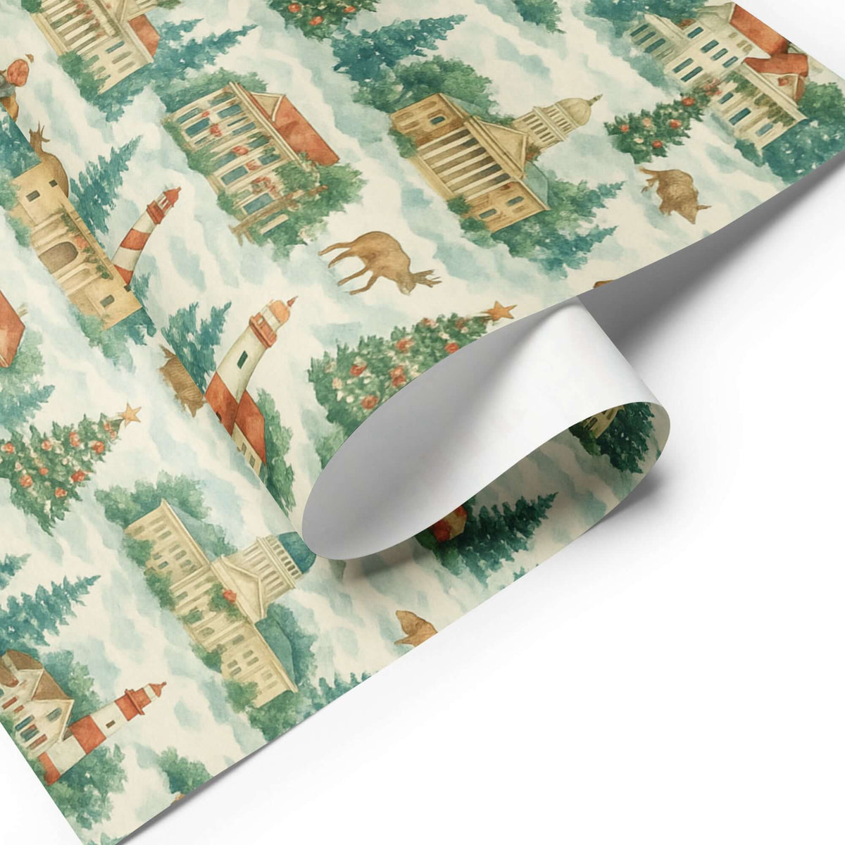 Luxury Christmas wrapping paper featuring watercolor regional landmarks and festive trees.