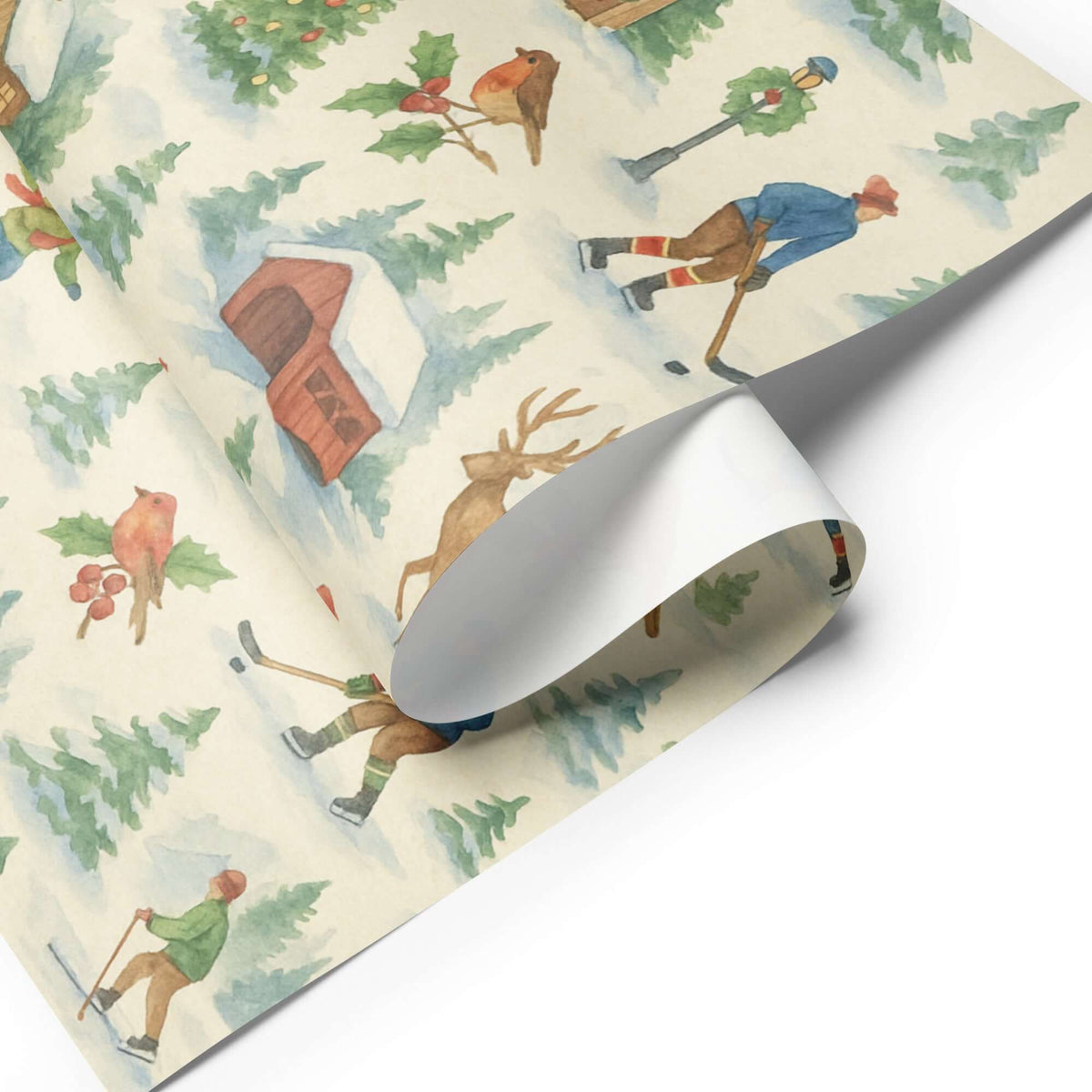 Luxury Christmas wrapping paper in watercolor design, featuring winter sports and festive woodland scenes.