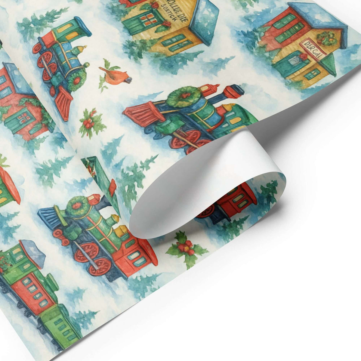 Luxury watercolor Christmas wrapping paper featuring steam trains and festive depots in a snowy landscape.