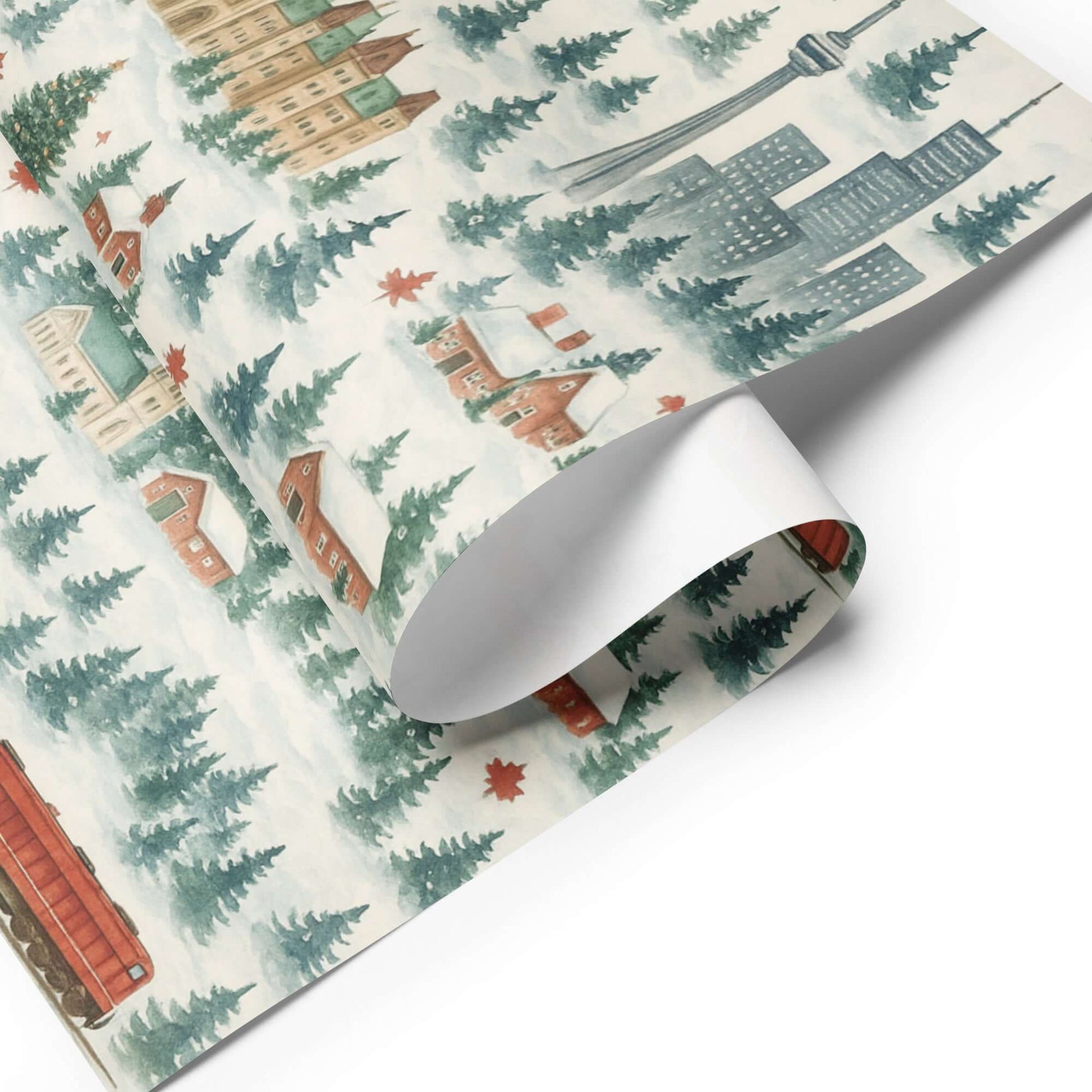 Watercolor design luxury Christmas wrapping paper featuring Canadian landmarks and cozy winter scenes.