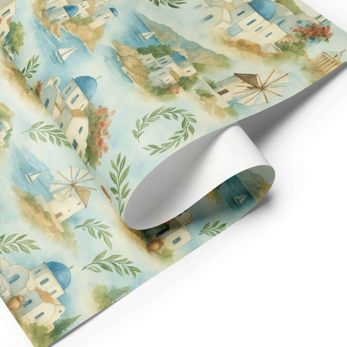 Greece Wrapping Paper featuring blue domes, whitewashed houses, and Mediterranean landscapes perfect for elegant gift wrapping.