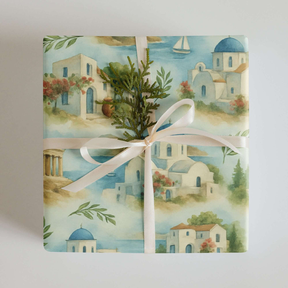 Greece Wrapping Paper featuring Greek houses, blue domes, and sailboats on a beautiful Mediterranean landscape.