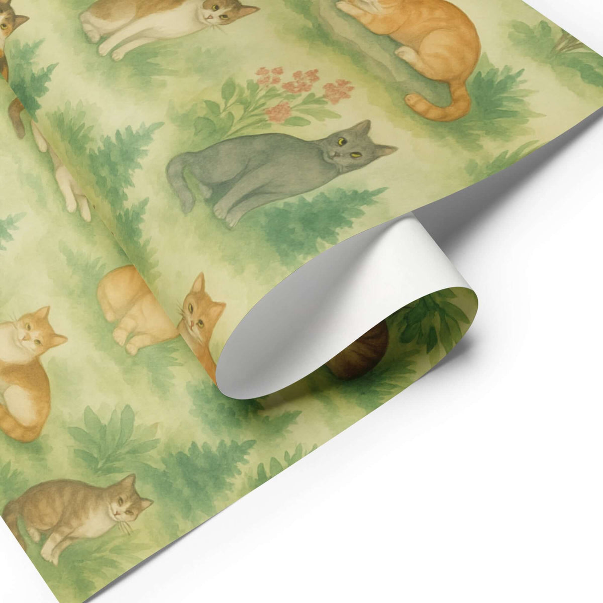 Cats Wrapping Paper featuring various cats lounging among soft greenery in a warm watercolor style.