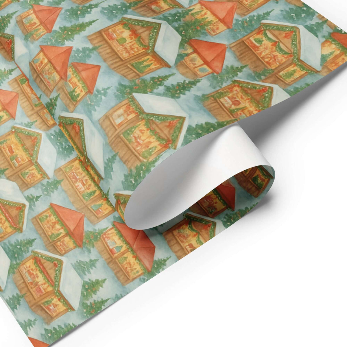 European Christmas Market Wrapping Paper with cozy wooden chalets and festive decorations.