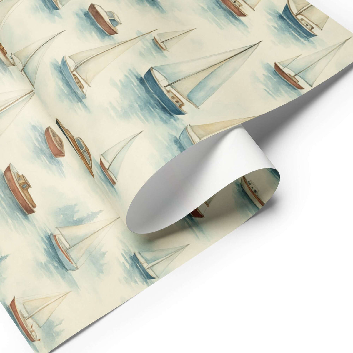 Boats Wrapping Paper featuring hand-painted watercolor sailboats and yachts on a serene background.