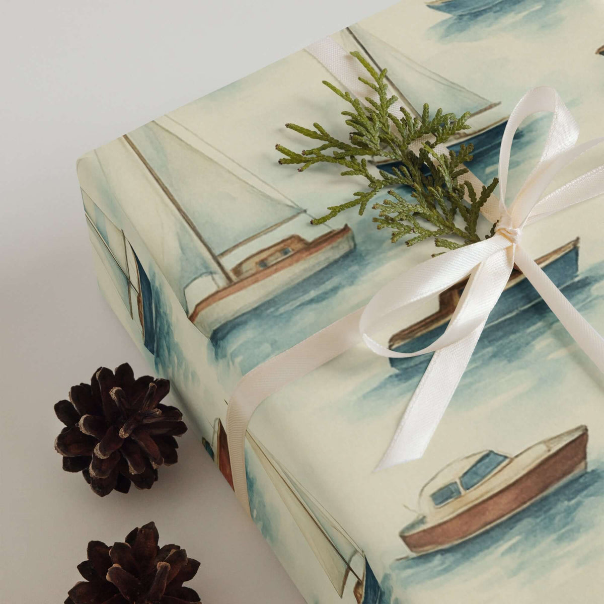 Boats Wrapping Paper featuring hand-painted sailboats and yachts tied with a ribbon, perfect for coastal-themed gifts.