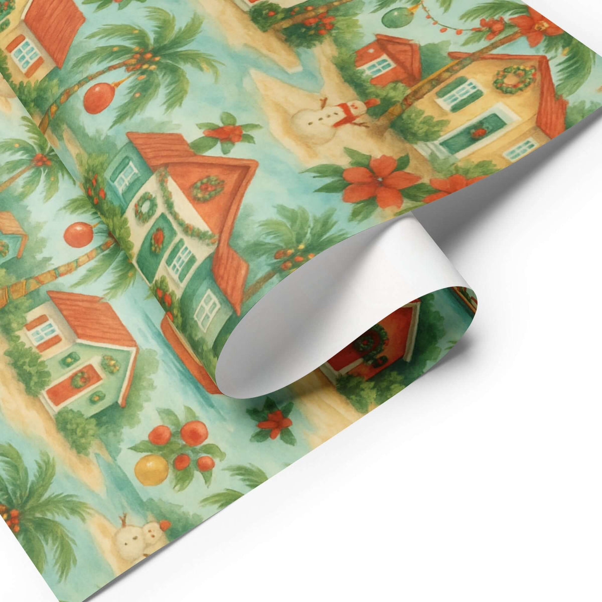 Caribbean Tropical Christmas Wrapping Paper featuring beach cottages, snowmen, and palm trees in a festive design.