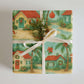 Caribbean Tropical Christmas Wrapping Paper featuring beachside cottages and festive decorations.