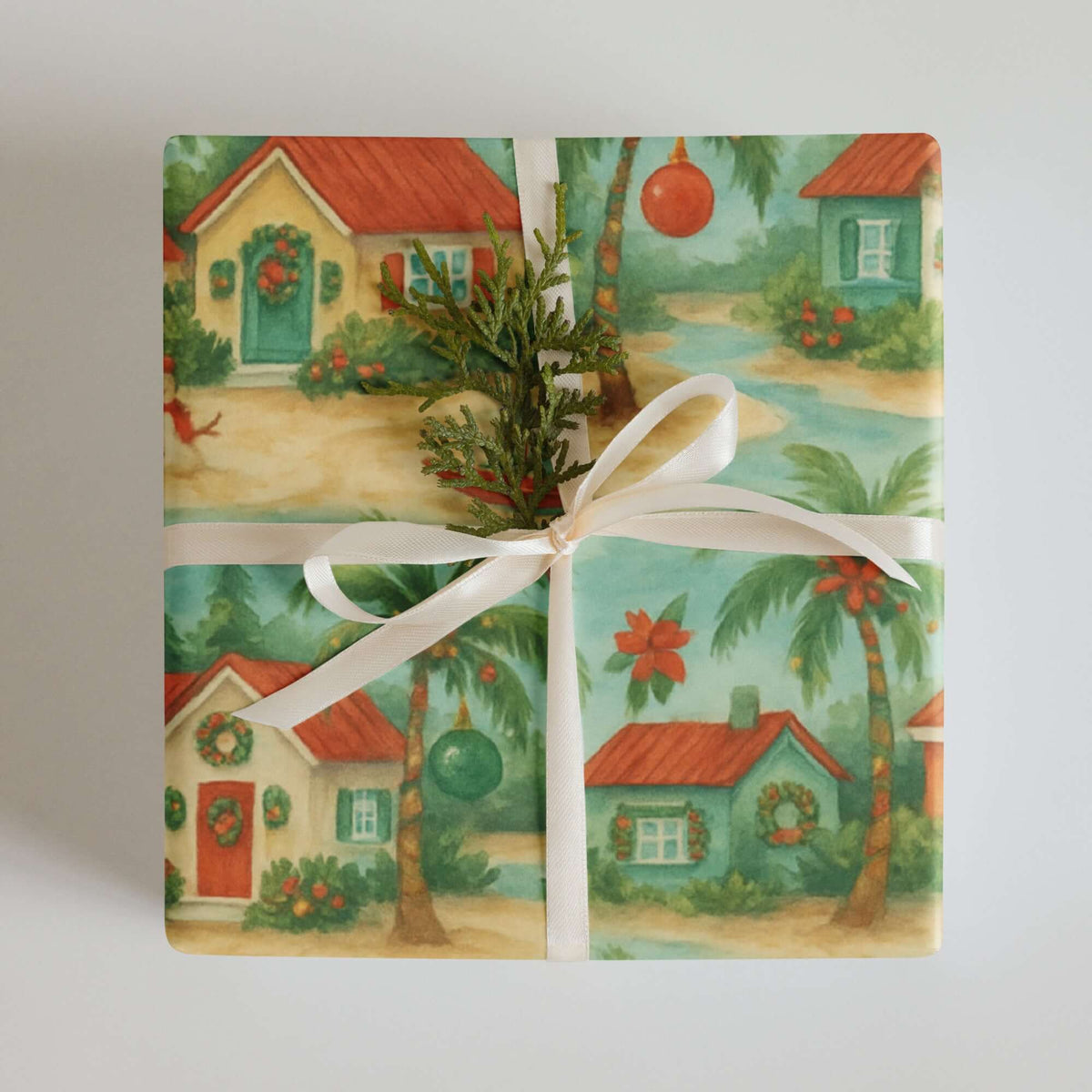 Caribbean Tropical Christmas Wrapping Paper featuring beachside cottages and festive decorations.